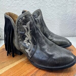 Sterling River Women's 11 Distressed Charcoal Leather Fringe Western Ankle Boots
